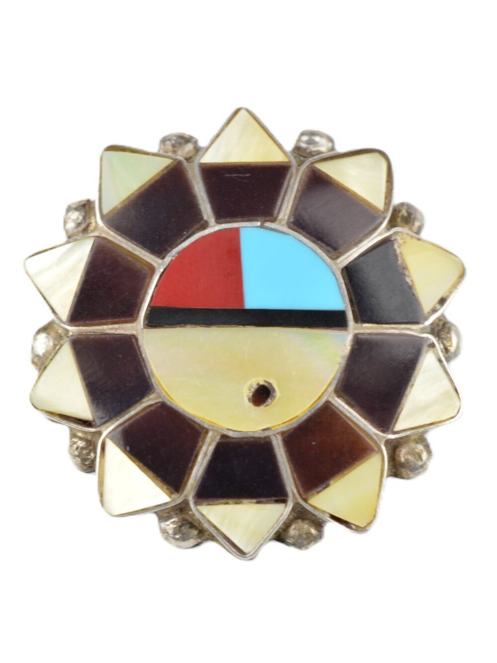 Vintage Zuni Sunface Pin Pendant Sterling Silver Mosaic Inlay Turquoise Coral